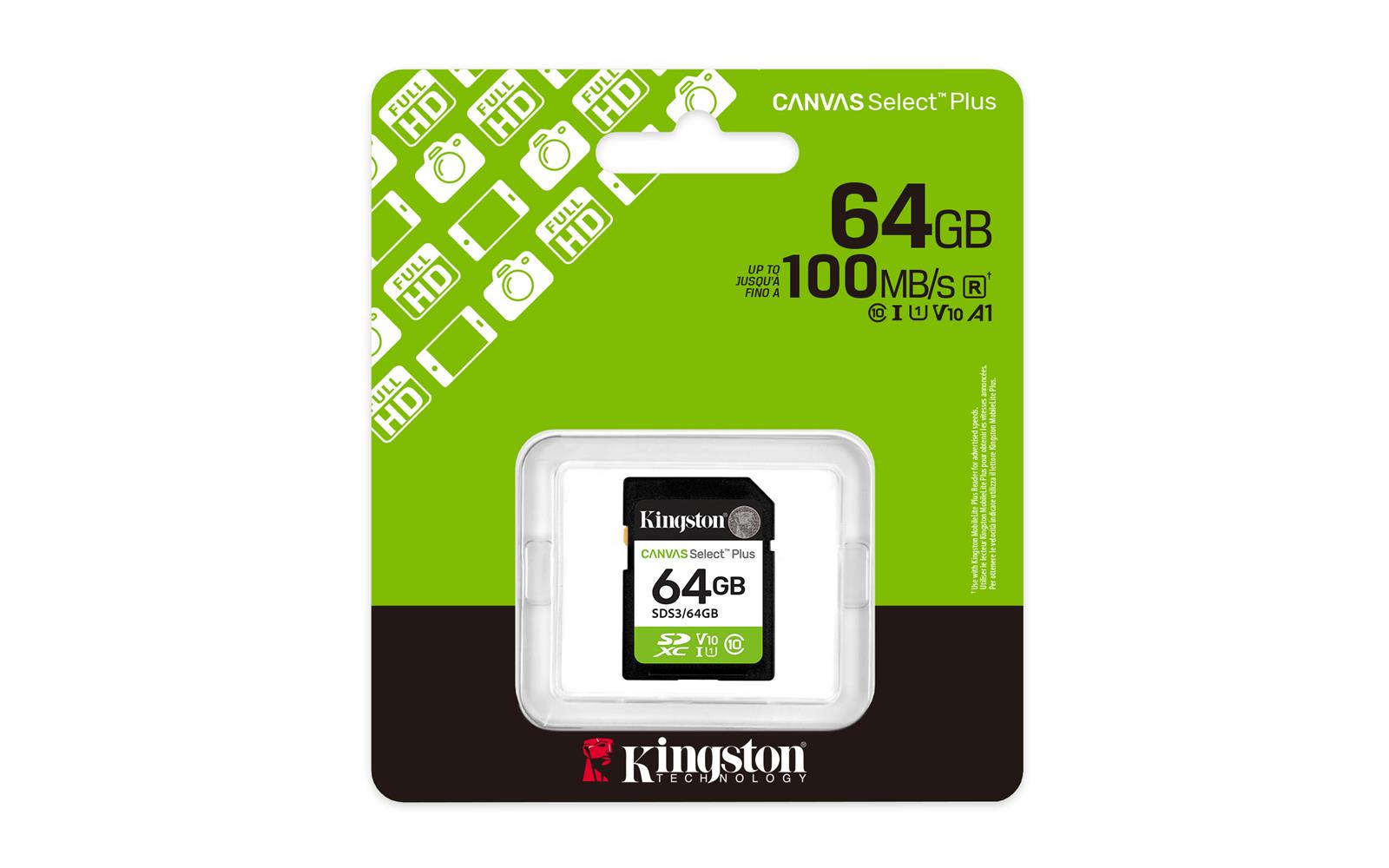 Kingston SDS3-64GB 64GB SDXC Canvas Select Plus Gen3 100MB-s C10 UHS-I U1 V10 Hafıza Kartı