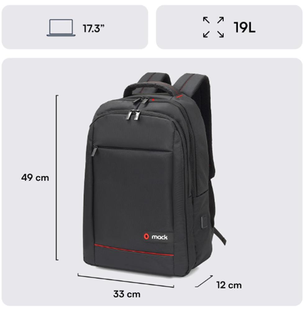 Mack MCC-007 17.3" Office USB Girişli Notebook Sırt Çantası Siyah (Dahili USB Şarj Portu)