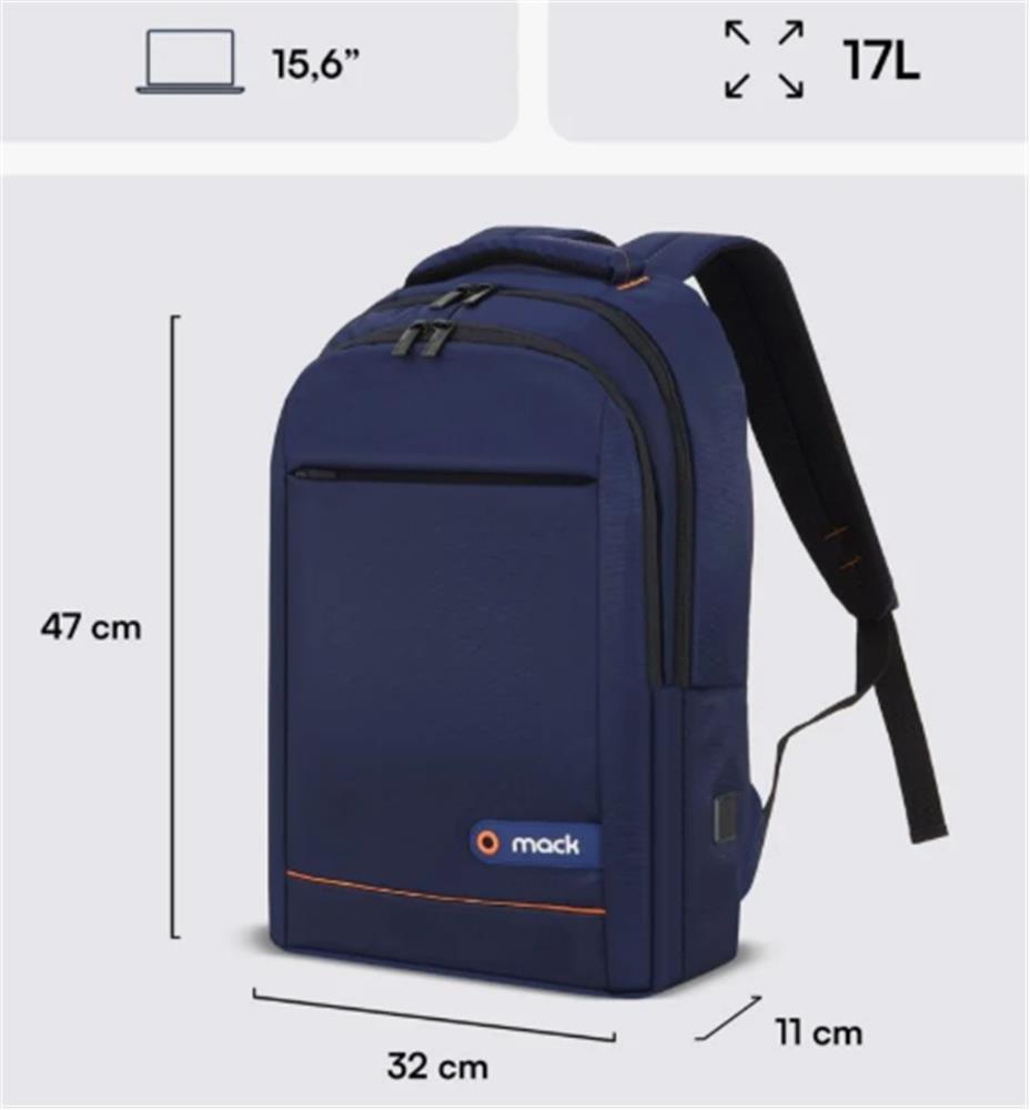 Mack MCC-006BL 15.6" Office USB Girişli Notebook Sırt Çantası Lacivert (Dahili USB Şarj Portu)