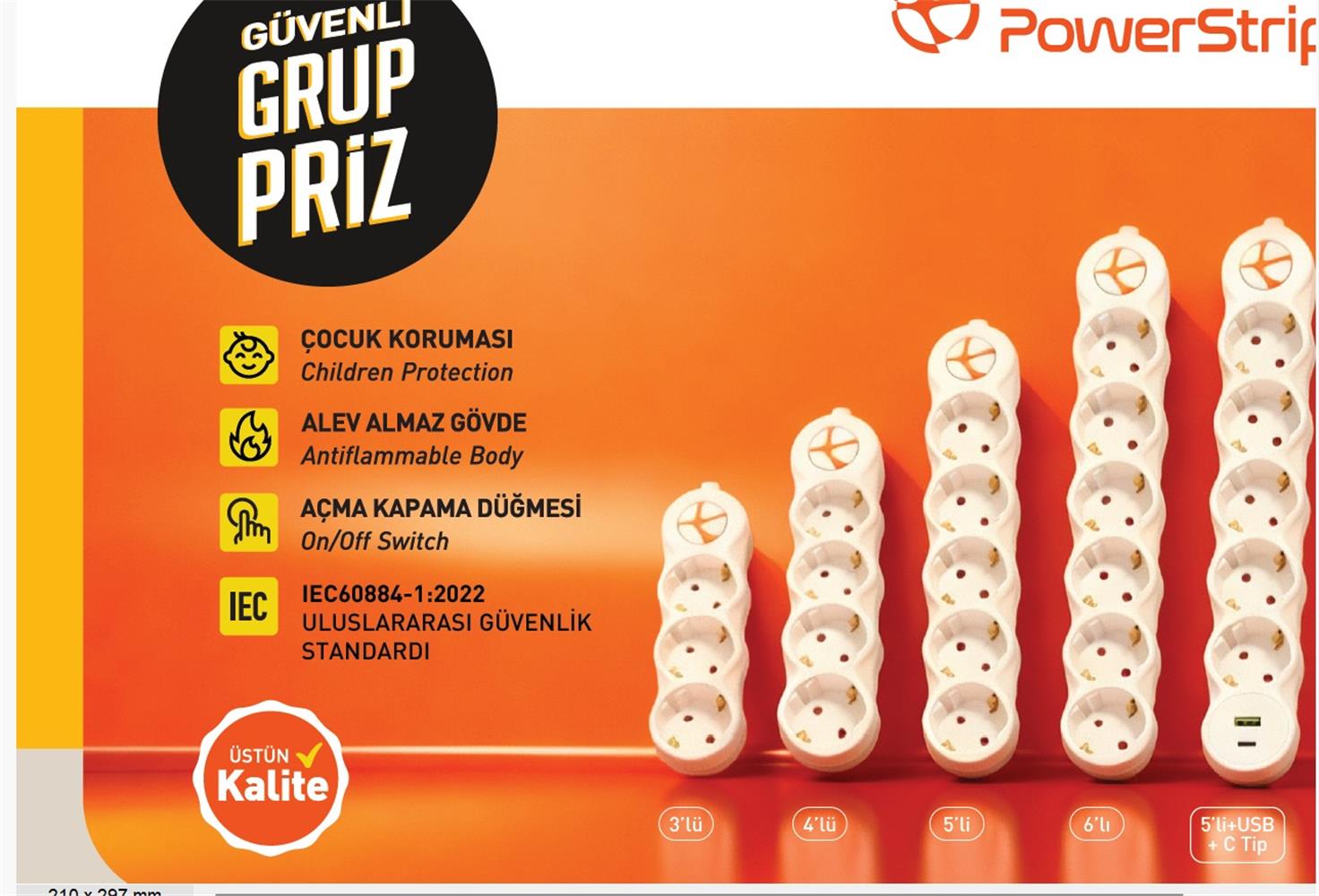 TUNCMATIK POWERSTRIP3 TSK19065 5 m IEC 66884-1:2022 Standartı, FR(Alev Almaz), anahtarlı grup priz